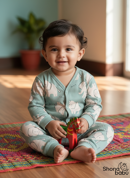 Premium Cotton Elephant Baby Lounge Set – Soft Interlock PJs