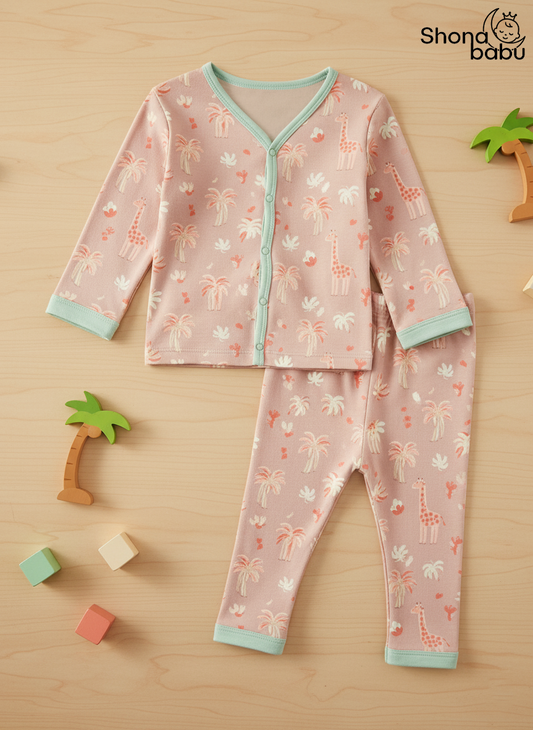 Premium Cotton Giraffe Baby Lounge Set – Soft Interlock PJs