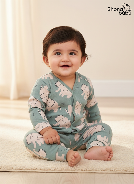 Premium Cotton Elephant Baby Lounge Set – Soft Interlock PJs