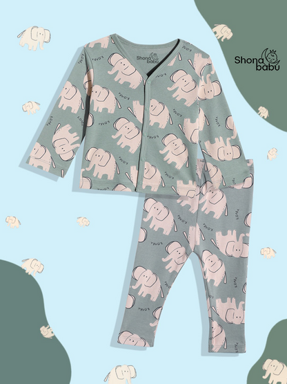 Premium Cotton Elephant Baby Lounge Set – Soft Interlock PJs